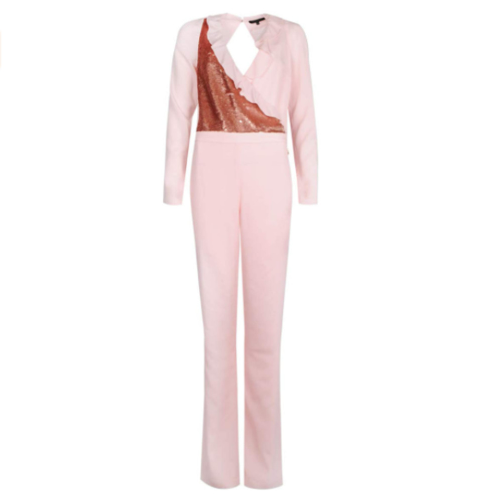 Patrizia Pepe Women's Sequins V-Neck Ruffle Trim Long Sleeve Pink Jumpsuit 44